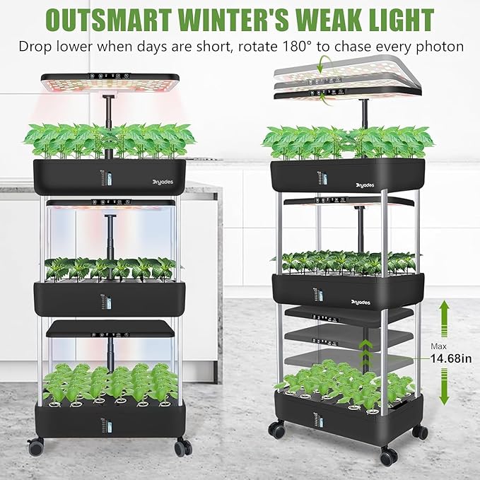 44-Pod Indoor Hydroponic Growing System + 3 Free Seeds Starter Kit (Lettuce, Salad Mixed, Basil Seeds) – Dual 53W Full-Spectrum LED, 10-L Water Tank, 2-Tier Grow Pods (66 Pods)