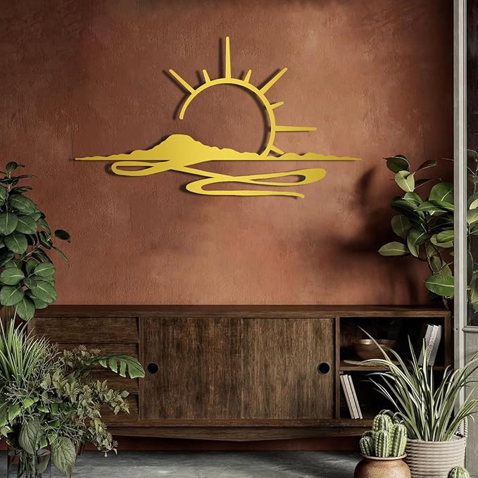 Metal Wall Art Sunrise, Metal Wall Art Sunset, Minimalist Line Art, Sunrise Or Sunset Decor For Living Room, Bedroom, Outdoor, Housewarming Gift (Gold, 35 x 20 inches / 90 x 51 cm, metal wall art)