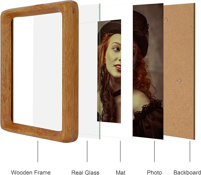 5x7 Picture Frame Natural Teak Wood with Mat for 4x6, Original Natural Solid Wood 5 by 7 Photo Frames with Tempered Glass Cover for Wall and Tabletop Display