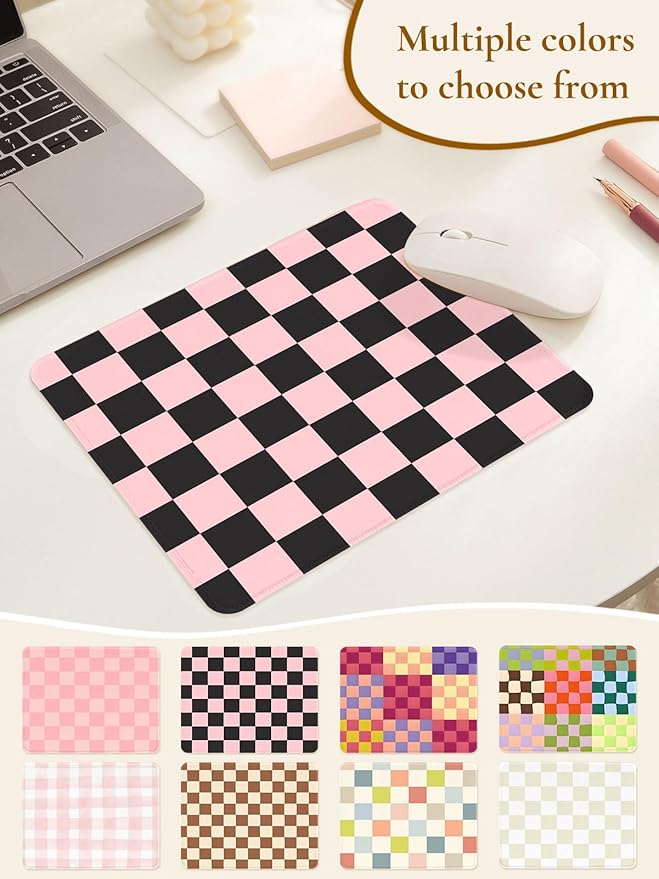 Cute Pink Mouse Pad,Retro Checkered Pattern Mousepad,Square Aesthetic Plaid Waterproof Grid Mouse Mat Design, Non-Slip Rubber Base Computer Funny Boho Mouse Pads, Desk Accessories,Black Pink