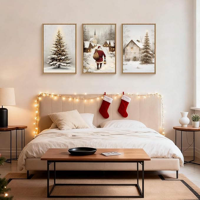 KAIRNE 3 Piece Christmas Wall Art Set, Christmas Pine Trees Landscape Canvas Art Prints, Santa Claus Snowy Village Scenes Artwork, Xmas Eve Decor for Living Room Bedroom Winter Home Decor 16×24 inch