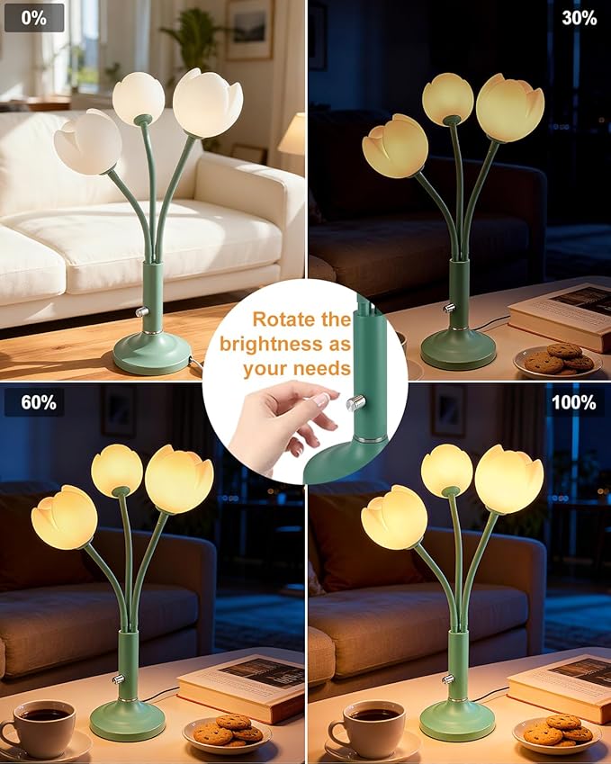 Lightdot Vintage Flower Table Lamp, Green Small Cute Bedside Lamp with Adjustable Gooseneck& Bulbs, 3000K Warm Light Dimmable Desk Lamps Nightstand Light for Bedroom Living Room