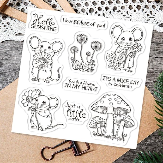Flower Mouse Mushroom Stamps and Cutting Dies for Card Making DIY Transparent Silicone Clear Stamp and Metal Die Cuts Sets for Scrapbooking Paper Greeting Cards Decor Seals Craft Supplies