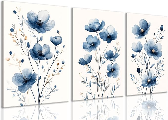 okudolit Navy Blue Wildflower Framed Canvas Wall Art Set Of 3 Flowers Pictures Prints Flowers Printing Floral Watercolors Flower wall Decor Living Room Bedroom Dinning Room Farmhouse Office-12x16in