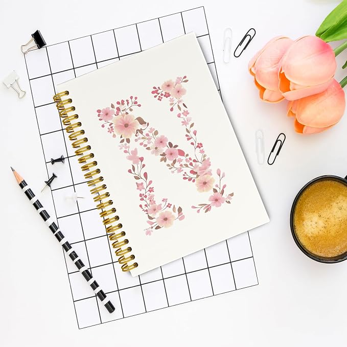 Pink Cute Spiral Notebook Journal, Preppy Floral Initial Letter N Personalized Journaling Notebooks, Monogrammed Gifts for Women Girls, Botanical Hardcover Spiral Lined Notebook 5.5 x 8.3