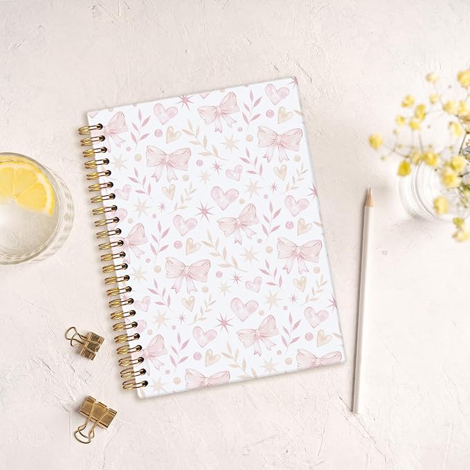 MOFUYU Cute Notebooks for School,Pink Bow Aesthetic Hardcover Spiral Notebook for Work & Note Taking,College Notebook,Cute Journals for Women A5 Size 5.5x8.3