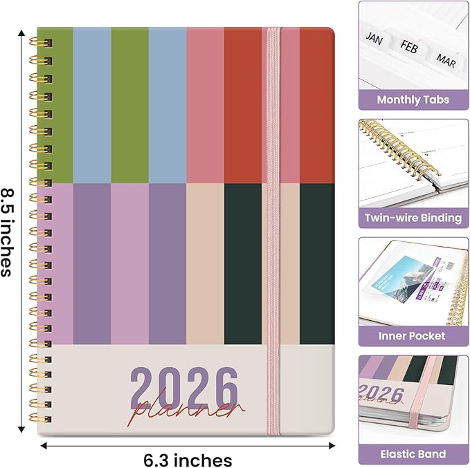 2026 Planner, Monthly and Weekly Calendar Planner for Women, Jan 2026 - Dec 2026, Hardcover Pretty 2026 Agenda Planner Book with Tabs, Spiral Bound, Perfect for School Office Home Supplies, 6.3" x 8.5" - Color Column