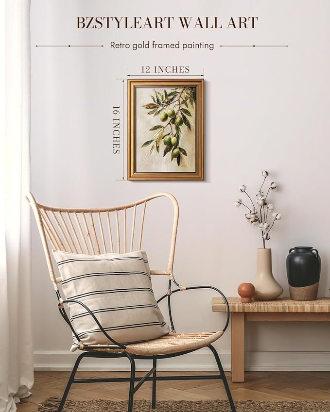 Bzstyleart Vintage Wall Art Decor for Bedroom,Oil Painting Olive Branch Botanical Wall Art,Vintage Botanical Painting,Room Decor Aesthetic for Kitchen,Christmas Gifts 12 x 16 Inch
