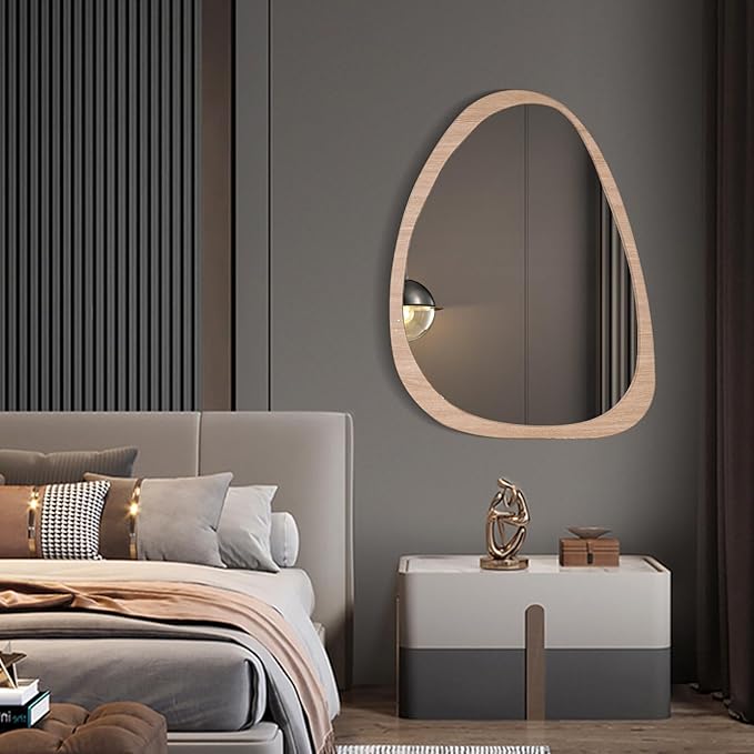 Asymmetrical Wood Frame Wall Mirror, Irregular Organic Decorative Wall-Mounted Mirror for Living Room, Bedroom & Entryway, Modern Mid-Century Boho Accent Mirror 24" x 35"
