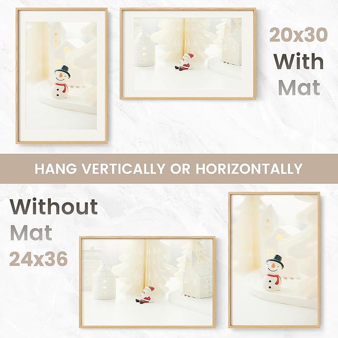 24x36 Poster Frame, USA-Sourced Natural Oak Wood Picture Collage Frame with HD Tempered Glass, Modern Simple 24 x 36 Wooden Photo Frame Matted to 20x30, Vertical & Horizontal Wall Hanging Display