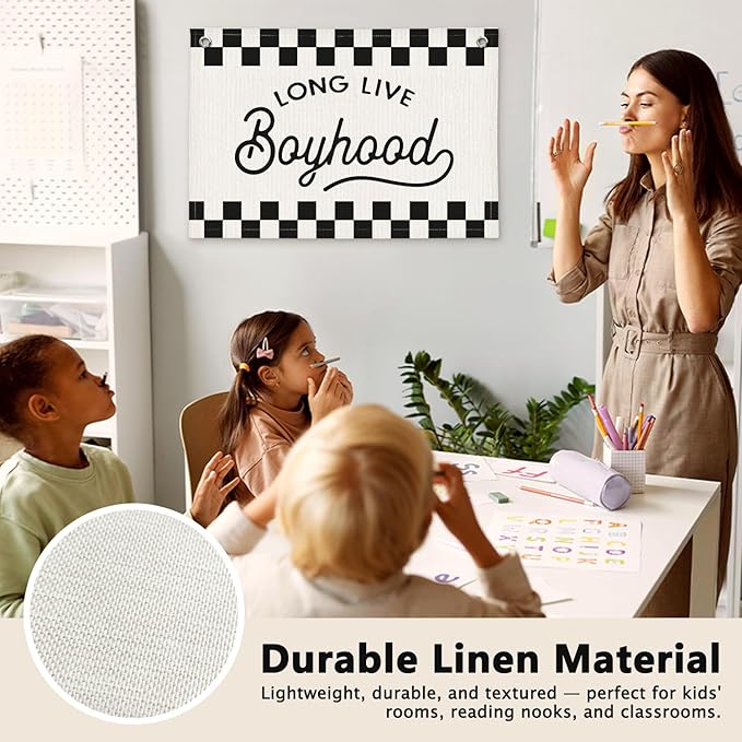 Long Live Boyhood Black and White Checkered Boys Room Decor - Linen Banner Wall Hanging Canvas Banner Flag Decor for Toddler Boy Bedroom Nursery Playroom