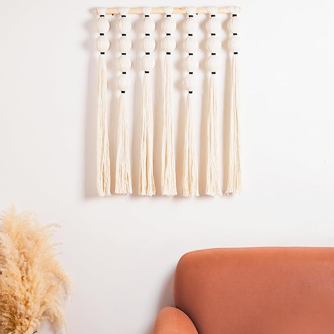 RUIZHIXUAN Macrame Wall Hanging Macrame Ball Wall Hangings Tapestry Cotton Textile Boho Wall Decor Art Bohemian headboard Handwoven 23.6" Wx30 L (white)