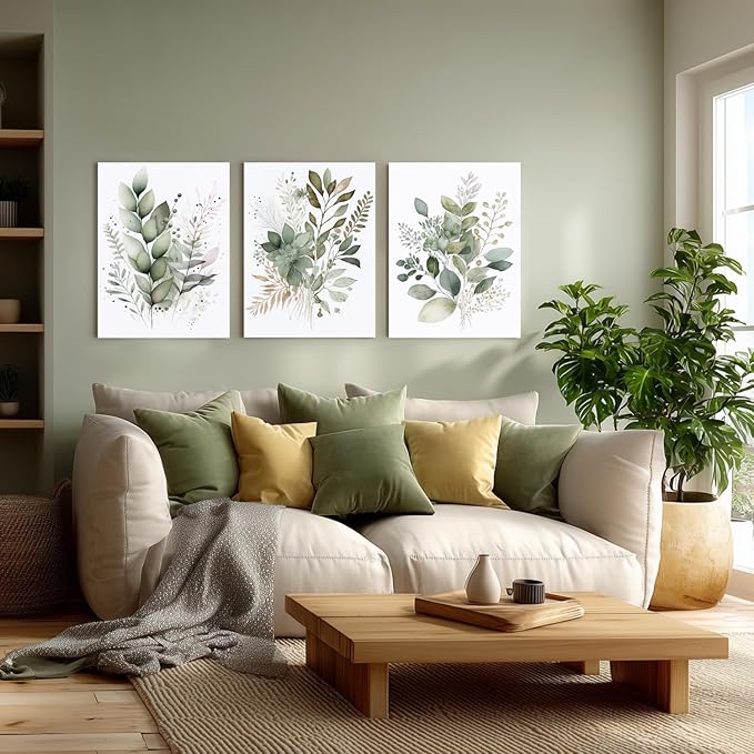 LLEEMPI Framed Sage Green Wall Art Set of 3, Modern Watercolor Botanical Wall Decor, Eucalyptus Leaf Canvas Painting, Classic Minimalist Florals Poster Print for Bedroom Bathroom Office 16x24 Inch