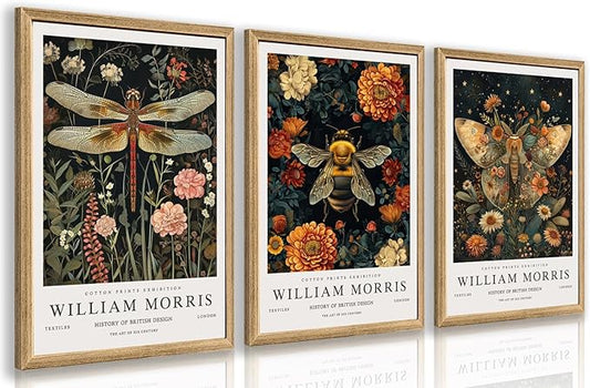 Hianan William Morris Animal Botanical Canvas Wall Art, Vintage Dragonfly Bee Butterfly Poster Prints, Maximalist Nature Flower Aesthetic Pictures for Living Room Bedroom Wood Framed 12"x16"x3
