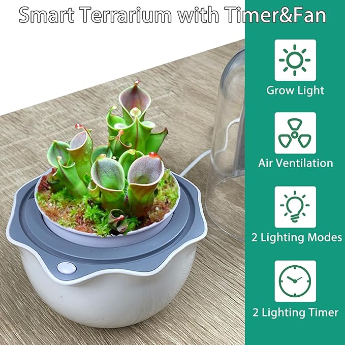 Venus Fly Trap Terrarium Pot with Timer Grow Light&Fan,Plant Terrarium kit for Moss&Cactus,Smart Planter for Carnivorous Plants&Butterwort,Valentine Birthday Gifts for Women Garden Lover(no Plant)