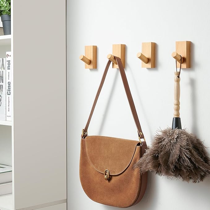 Natural Wooden Wall Hooks, Adhesive & Screw Mount Coat and Towel Hooks - Decorative Key Holder, Hat Rack, Stocking Wall Hangers for Bathroom Entryway Closet - 6 Pack, Beech Wood