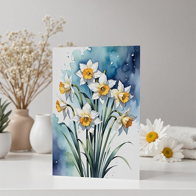 Blank Inside Greeting Card with Envelope, 5x7 Inch Watercolor Daffodil Greeting Card – Birthday, Thank You, Sympathy, All Occasion - Single Card