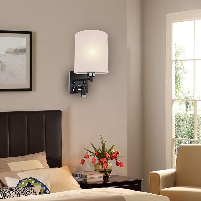 LEDMyplace Wall Sconces Set of 2 LED Indoor Wall Sconce, Bedside Light Fixture with USB Ports & Outlet, White Fabric Shade, Black Metal Finish Wall Lamps for Bedroom, Living Room