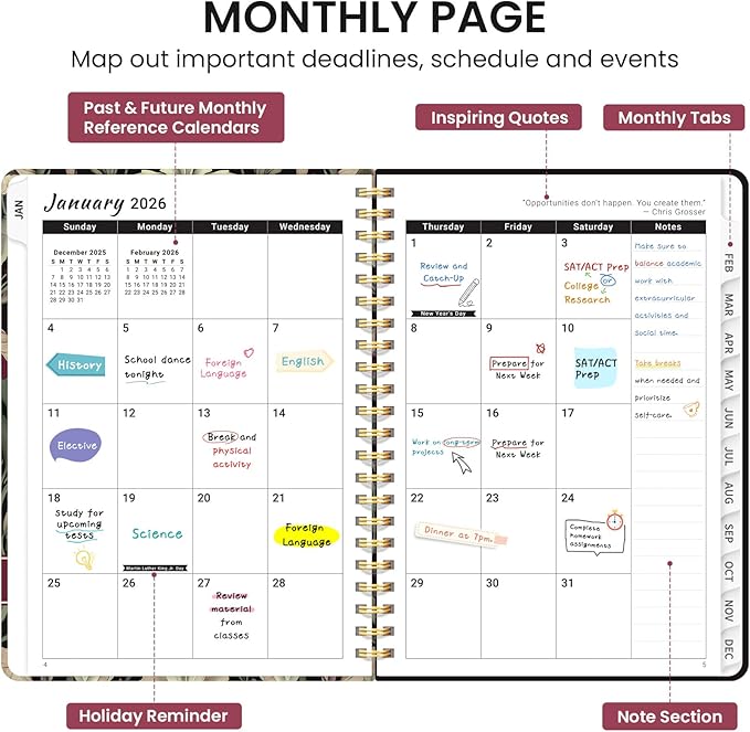2026 Planner, Weekly and Monthly Calendar Planner for Women, Jan 2026 - Dec 2026, Hardcover Planning Agenda book with Tabs, Spiral Bound, Inner Pocket, Perfect for School Office Supplies, 6.3" x 8.5" - Dark Botanica