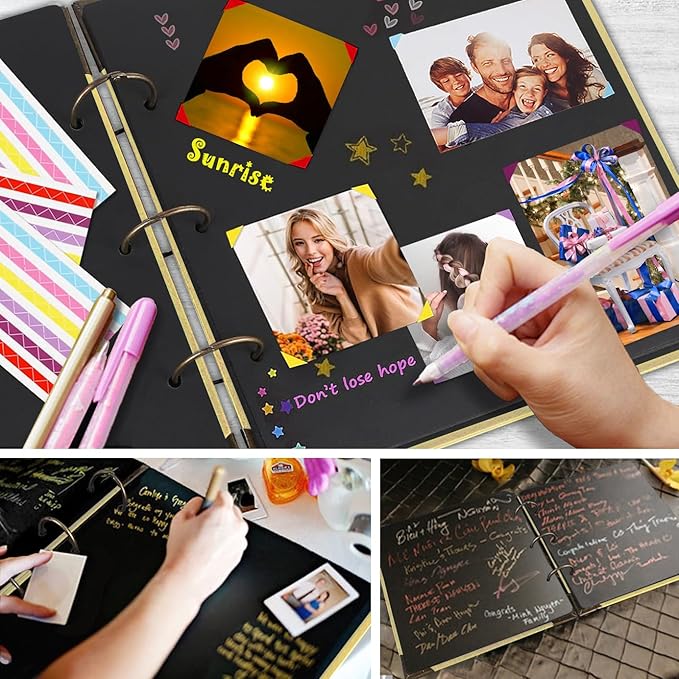 Photo Album DIY Scrapbook, 10x10 inch 50 Pages Double Sided, Vintage Hardcover Three-Ring Binder Picture Booth with 408pcs 6 Colors Self Adhesive Photos Corners (Champagne, Gold Blocking Heart)