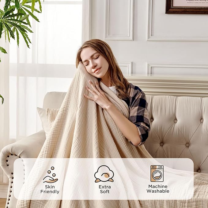 Joydeco 100% Cotton Muslin Throw Blanket for Couch Bed and Sofa, 4-Layer Lightweight and Breathable Soft Gauze Blanket for All Season, Luxury Throws Cotton Blanket Gift(Light Tan, 55"x75")