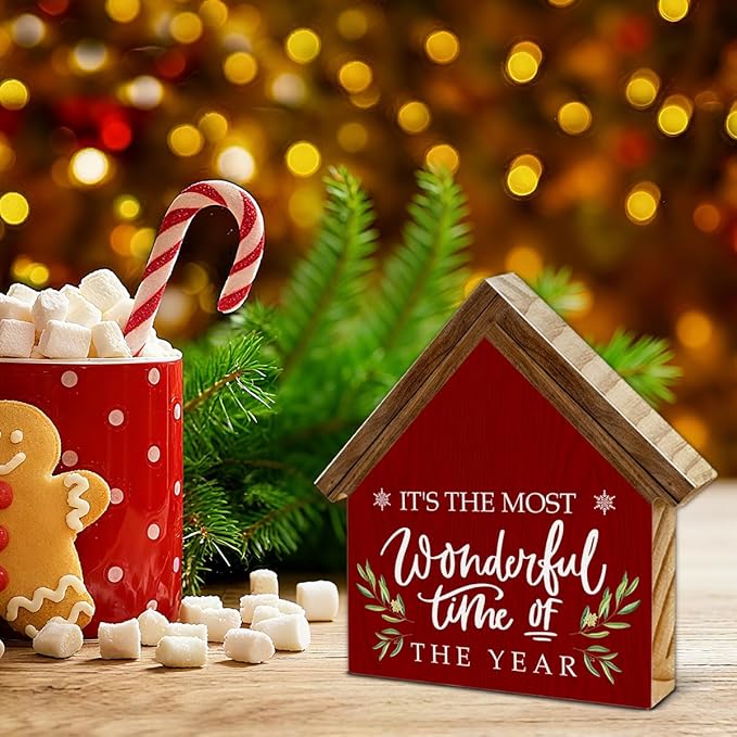 It's the Most Wonderful Time of the Year House Shaped Wood Sign, Rustic Christmas Decor for Farmhouse Home Office Kitchen Bathroom