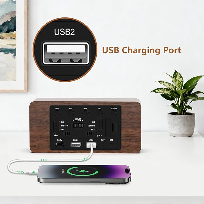 Wooden Digital Alarm Clock for Bedroom - Desk Clock with Date, Day of Week, Temperature, Dual Alarms, Dimmer, USB Port Charge, DST, Adjustable Volume for Living Room/Office Wood Decor (Brown)