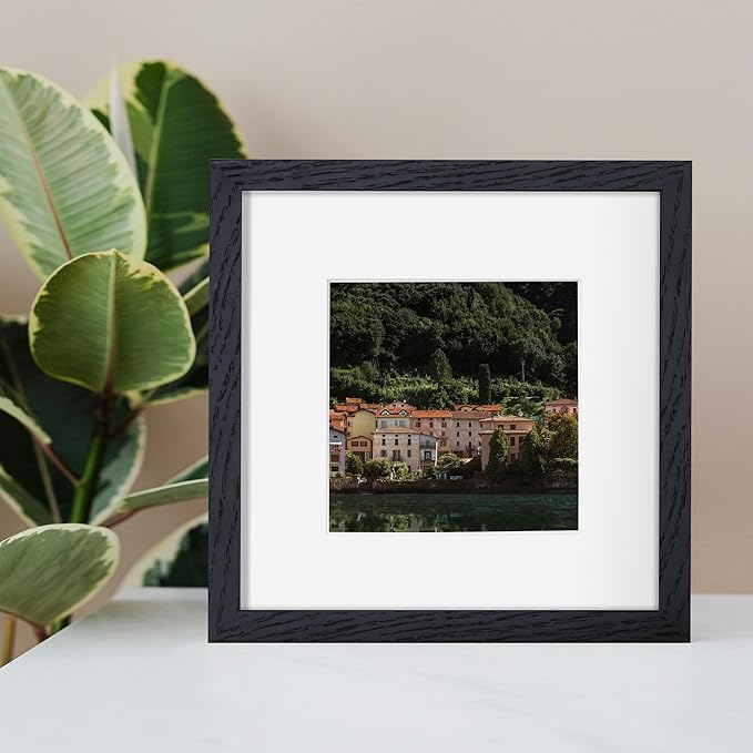 Fun Memories Rustic Oak 8x8 Picture Frame, Solid Oak Wood, 8"x8" Square Photo Frame with Tempered Glass, Matted to 4"x4", Black, Set of 4
