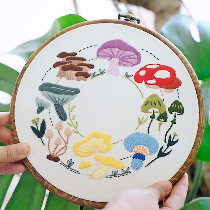 HAND U JOURNEY Basic Embroidery Stitch Kit – 28 Stitch Techniques with Mushroom Embroidery Set, Beginner-Friendly DIY Craft Kit for Adults