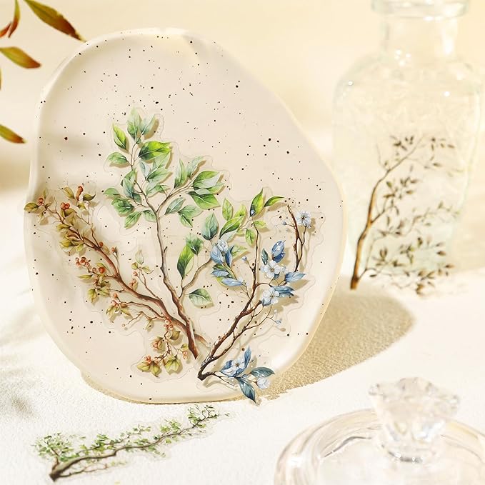 120Pcs Botanical PET Stickers, Branch and Leaf Designs for Scrapbooking Waterproof Journaling Supplies Junk Journal Ephemera with Storage Organizer