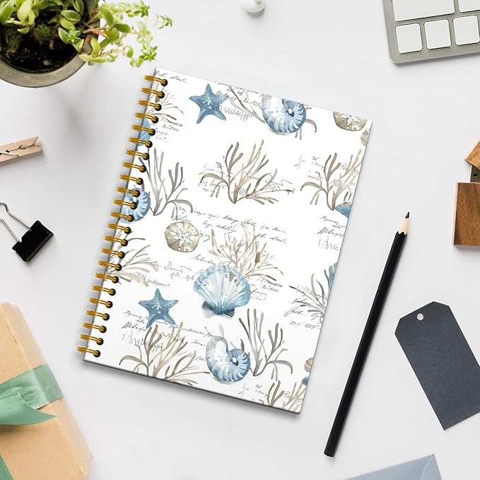 Vintage Ocean Beach Notebook, Seashell Coral Aesthetic Notebook, Seashell Gifts for Women, Ocean Composition Notebooks, Beach Office Decor Spiral Notebooks, 5.5x8.3 Inch