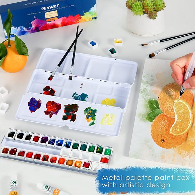 PEVART Empty Watercolor Palette Tins Box Metal Paint Case with Fold Out Palette, Medium Colorful Watercolor Tray Palette with 37 Half Pans and a Water Color Pen for DIY Travel Watercolor Palette