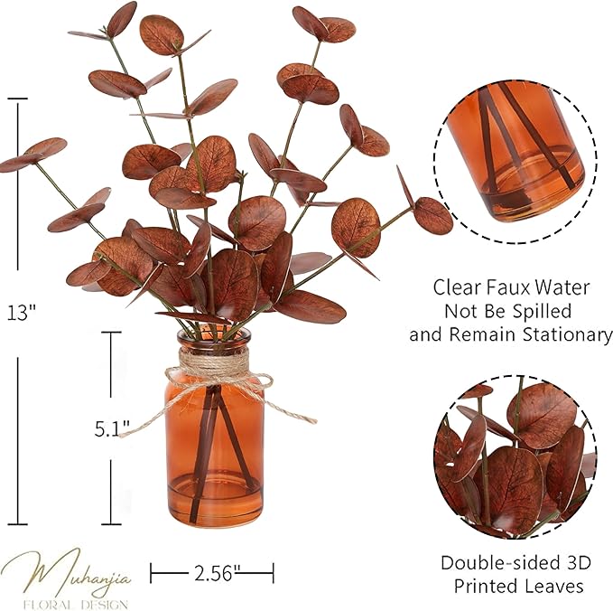 Muhanjia Artificial Eucalyptus Stems in Amber Glass Vase with Faux Water,3Pcs Fake Plant with Double-Sided Terracotta Leaves for Centerpiece (Double-Sided Terracotta Eucalyptus)
