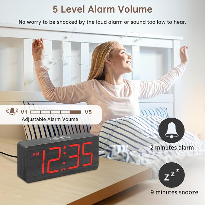 DreamSky Wooden Digital Alarm Clock for Bedroom - Desk Clocks for Living Room with Large Numbers, Loud Alarm for Heavy Sleepers with Volume Control, Dimmer, DST, Office Wood Decor (Plug in Clock)