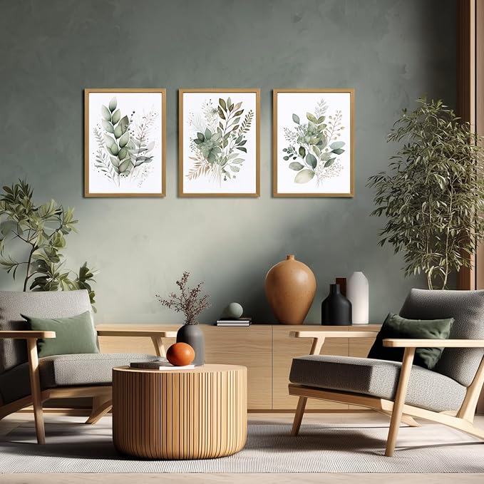 LLEEMPI Sage Green Wall Art Set of 3, Modern Watercolor Botanical Wall Decor, Eucalyptus Leaf Canvas Painting, Classic Minimalist Florals Poster Print for Bedroom Bathroom Office Wood Framed 12x16 Inch