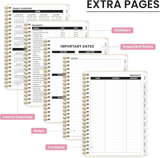 2026 Planner, Weekly and Monthly Calendar Planner for Women, Jan 2026 - Dec 2026, Hardcover Planning Agenda book with Tabs, Spiral Bound, Inner Pocket, Perfect for School Office Supplies, 6.3" x 8.5" - Blooming Meadow