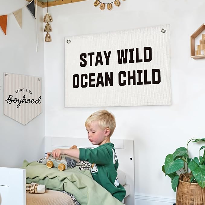 Lacama Beach Theme Wall Decor for Boys Room, Coastal Kids Playroom Nursery Hanging Sign, Stay Wild Ocean Child Linen Canvas Banner, Rustic Nautical Surf 20x30 Inch