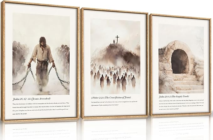 KAIRNE Christian Bible Verse Framed Wall Art Set of 3, Vintage Jesus Crucifixion, Empty Tomb Canvas Prints, Religious Decor for Home Church, Prayer Room, Christian Baptism and Easter Gift - 24x36 Inch