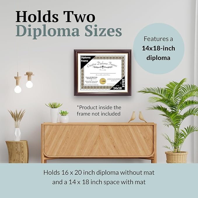 Creative Picture Frames 14x18 Mahogany Gold Rim Diploma Frame with White Mat Glass and Installed Wall Hangers | Frame Holds 16x20 Media without Mat