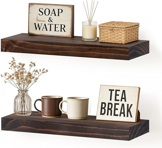 Floating Wall Shelf 16x6.8x1.7 Inch – Solid Wood Shelf in Walnut Finish – Wall Mounted Rustic Display Organizer for Bathroom, Kitchen, Bedroom, Small Spaces – Set of 2