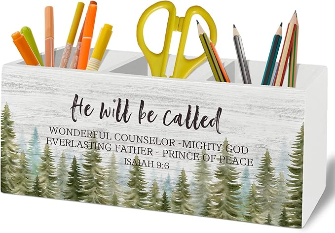 Christian Christmas Pen Pencil Holder Organizer for Desk Accessories, Winter Xmas Tree Bible Verse Scripture Wooden Box Sign Desk Decor for Home Office Decoration, Religious Christmas Decor