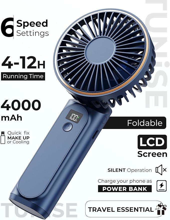 Portable Handheld Fan, Portable Fan Rechargeable, 4000mAh, 180° Adjustable, 6 Speed Wind, Display Electricity in Real Time, USB Rechargeable Foldable F an, Quiet Personal Fan with Power Bank