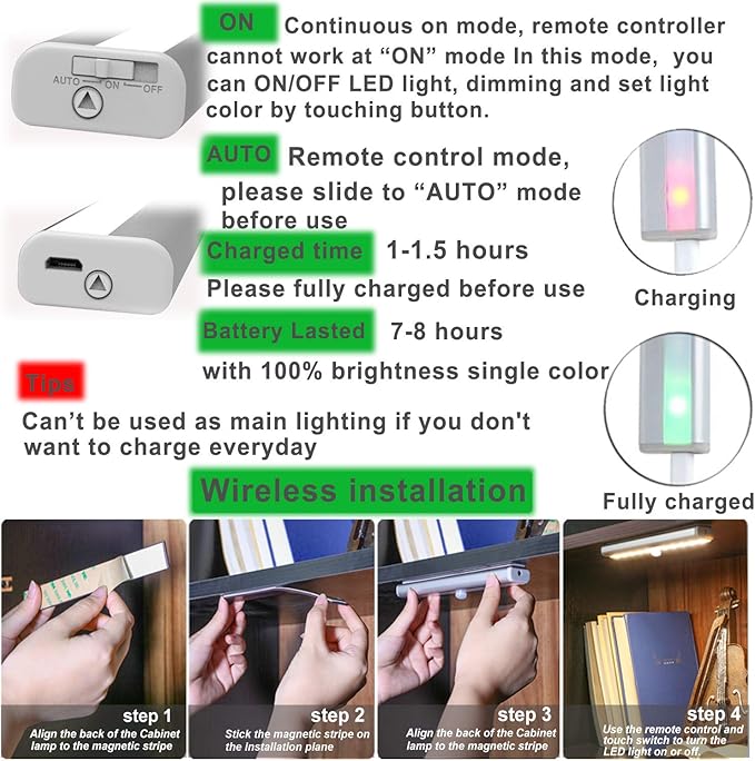 LDOPTO Under Cabinet Wireless LED Lights, 6 Pack Rechargeable Battery Operated, Dimmable, Remote Control, Stick On Night Lights for Kitchen, Pantry, Stairs, Hallway, 3 Colors