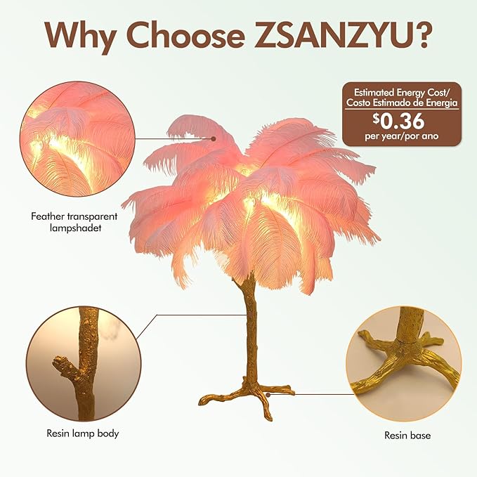 Pink Feather Lamp Romantic Ostrich Feather Bedside Lamp with Gold Resin Stand Coconut Fuzzy Table Lamp G4*3 Bulb Nordic Nightstand Light for Bedroom Living Room Entryway Christmas Gift