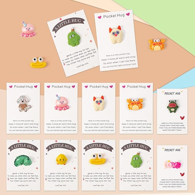 10 Sets Pocket Hug, Cute Pocket Hug Token with Mini Figurines for Anxiety Relief & Emotional Support, Small Thinking of You Cards Party Favors Appreciation Gifts for Men Women Coworkers