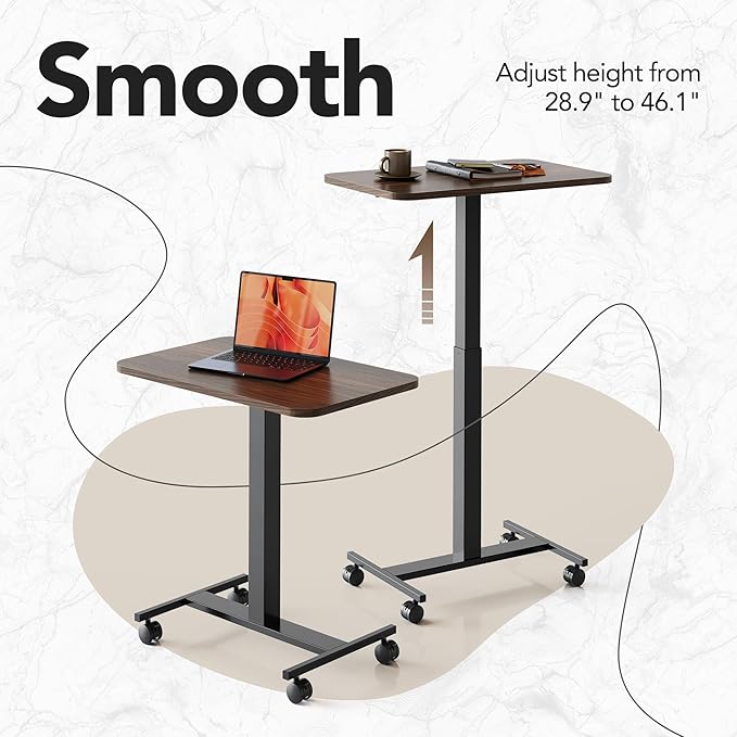 HUANUO Small Rolling Laptop Standing Desk, Height Adjustable Mobile T-Base Desk with Lockable Casters, Portable Sit-Stand Workstation for Bedside & Sofa, Walnut