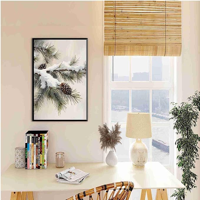 Framed Canvas Wall Art Snowy Fir Branch with Pinecones Vintage Winter Botanical Art Rustic Cottagecore Nature Decor Christmas Wall Print 20x30in Metal blackFramed