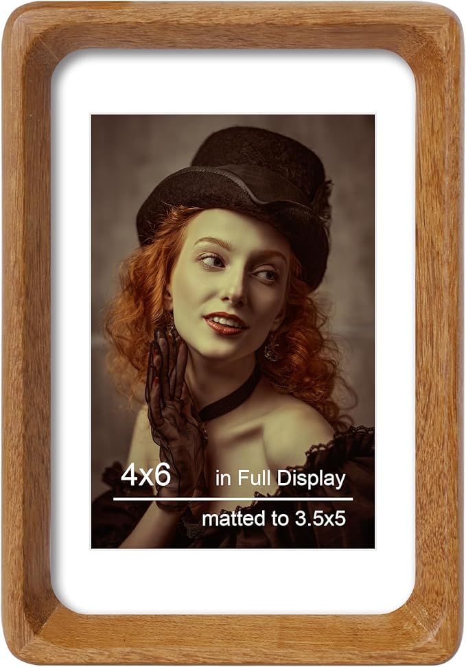 4x6 Picture Frame Natural Teak Wood with Mat for 3.5x5, Original Natural Solid Wood 4 by 6 Photo Frames with Tempered Glass Cover for Wall and Tabletop Display