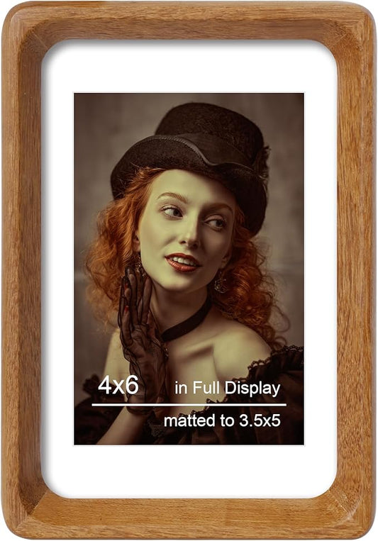 4x6 Picture Frame Natural Teak Wood with Mat for 3.5x5, Original Natural Solid Wood 4 by 6 Photo Frames with Tempered Glass Cover for Wall and Tabletop Display