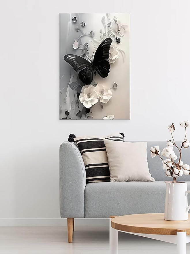 Black Butterfly with Flowers Canvas Poster Modern Minimalist Wall Art Trendy Elegant Painting Prints Vintage Nature Botanical Aesthetic Home Decor for Bedroom Living Room 24x36inch Unframed